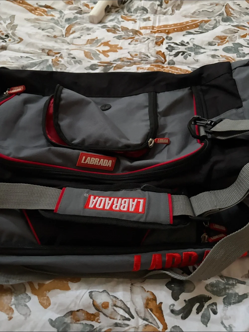 Men's Gray and Black Duffel Bag with Red Trim